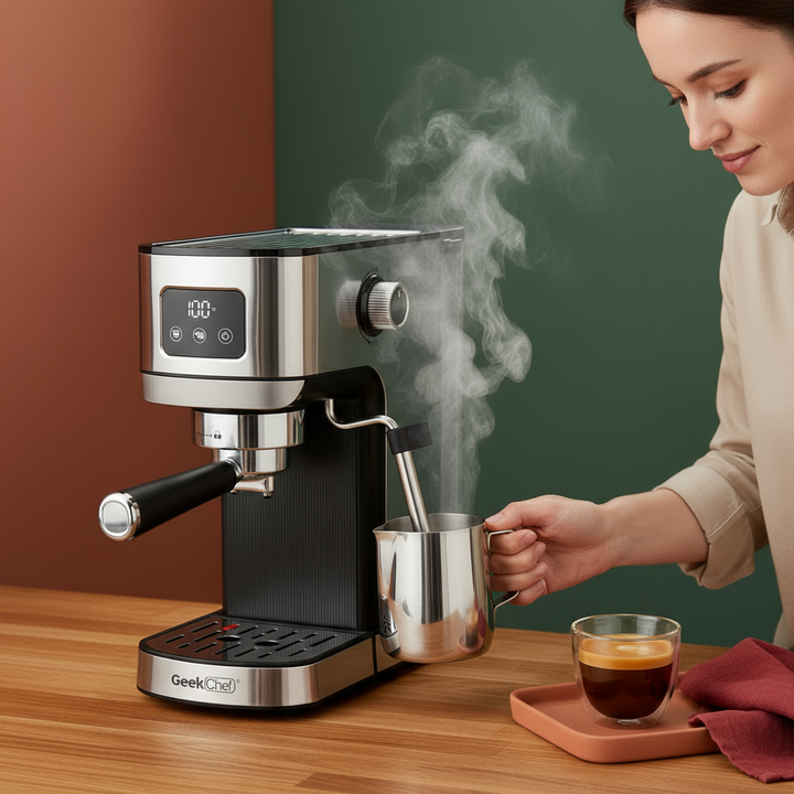 Geek Chef Espresso Machine, Cappuccino & Latte Machine with ESE POD Filter & Milk Frother Steam Wand, Accurate Temperature & Time Control, Compact Coffee Machine for Home,Stainless Steel