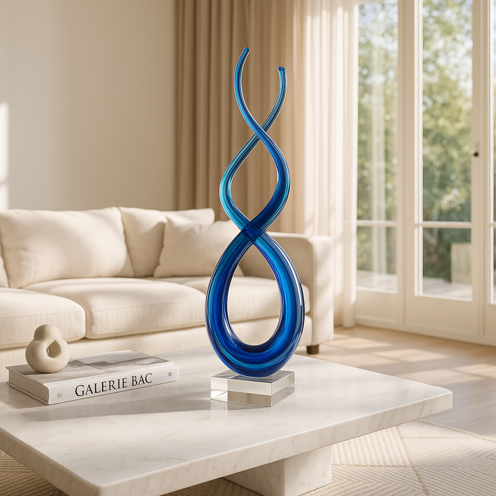Premium 11" Clear and Blue Murano Glass Modern Abstract Tabletop Sculpture - Contemporary Artisan-Crafted Decorative Accent