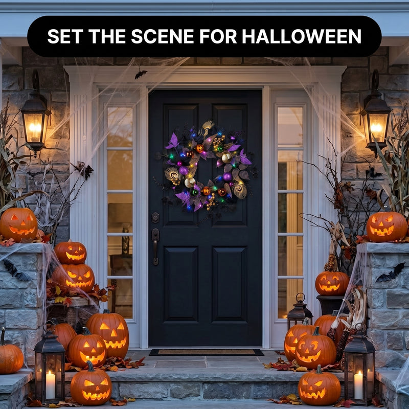 HALLOWEEN WREATH WITH LIGHTS FOR FRONT DOOR – PRE-LIT PUMPKIN, WITCH & GOTHIC PORCH DÉCOR - 2