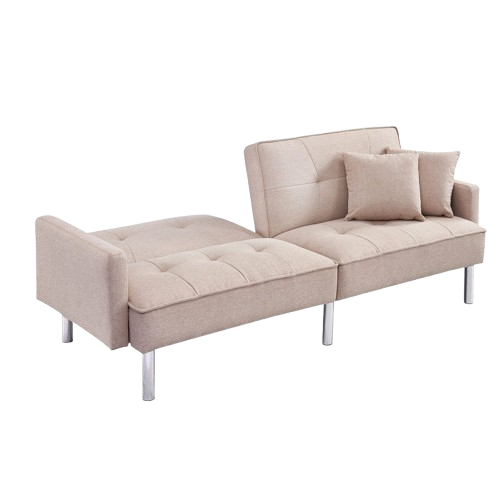 85" Beige Polyester Blend Convertible Futon Sleeper Sofa And Toss Pillows With Silver Legs