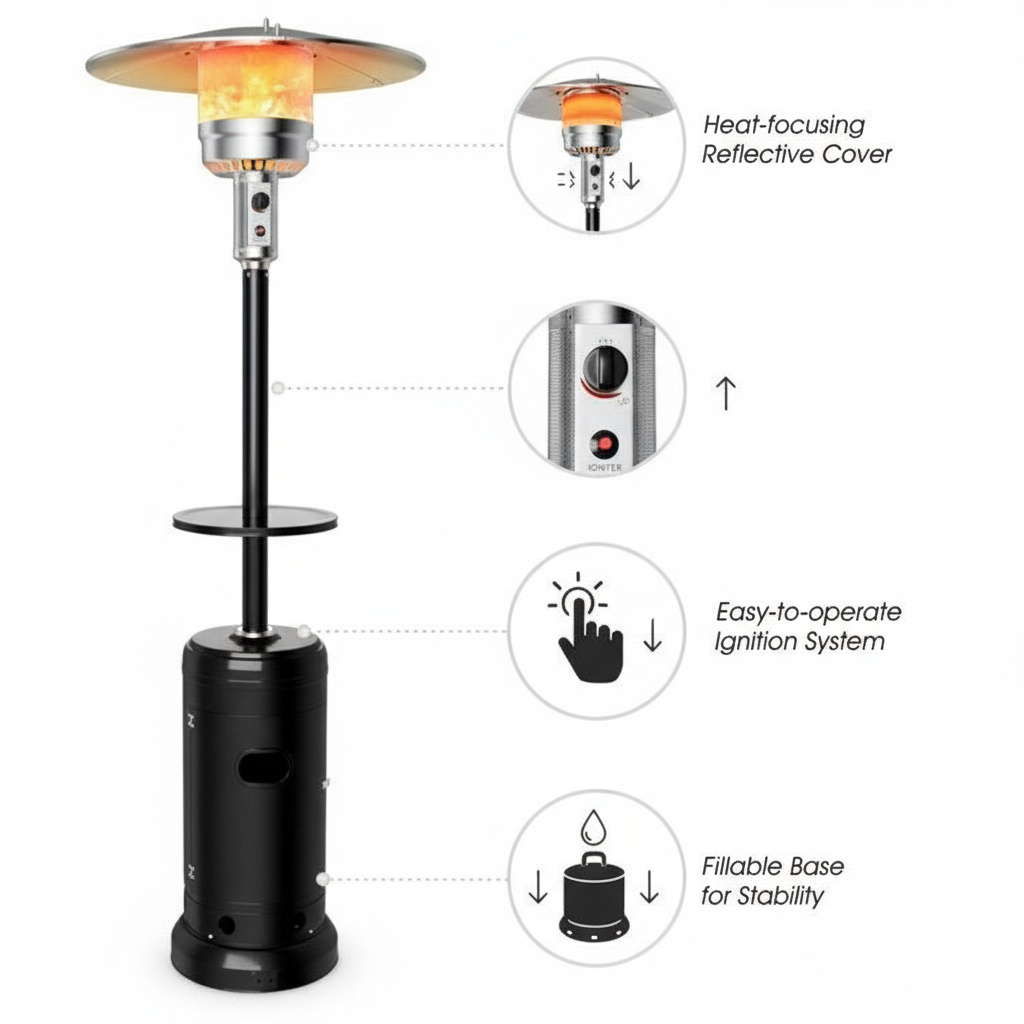 Outdoor Heater Propane Standing LP Gas Steel with Table and Wheels