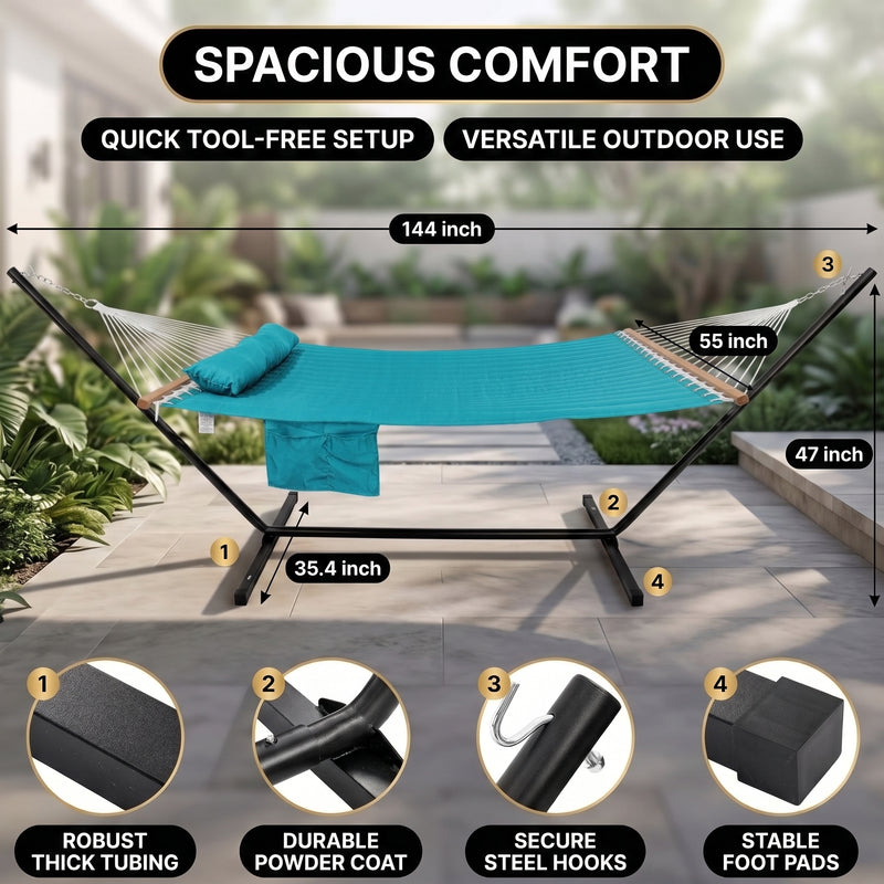 Outdoor Double Hammock with Stand for 2 – Heavy Duty Steel Frame, Pillow Included - 2