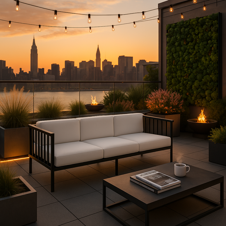 Modern Outdoor Iron Sofa Black - Norway 77"" Patio Furniture with Removable White Cushions & Commercial-Grade Durability