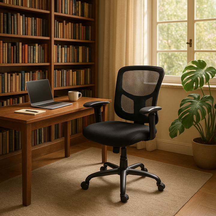 Black Fabric Mesh and Steel Adjustable Swivel Rolling Executive Office Chair