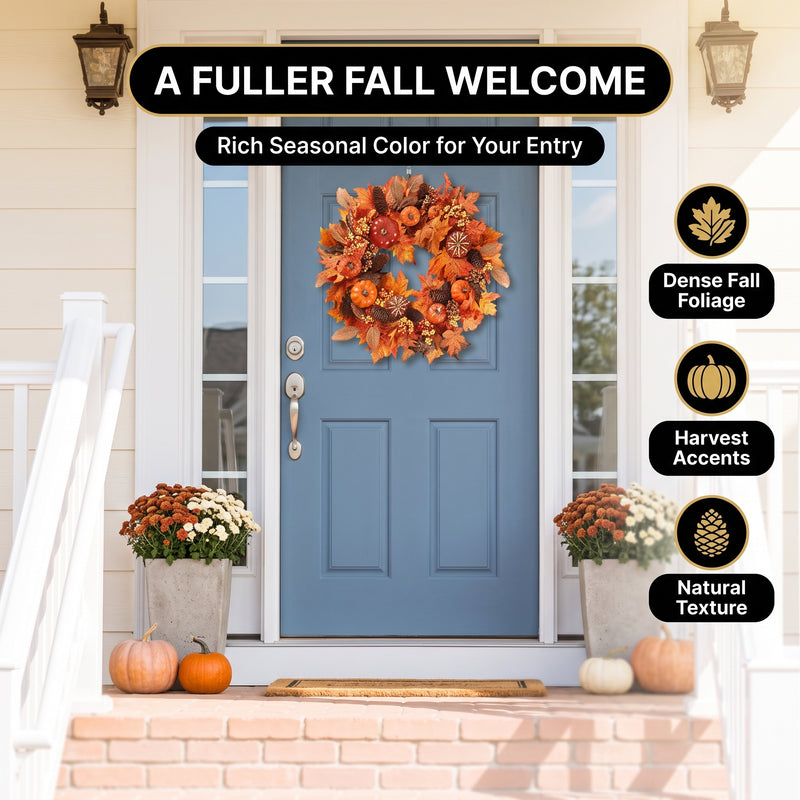 Pumpkin Wreath for Front Door – Fall Farmhouse Décor - 2