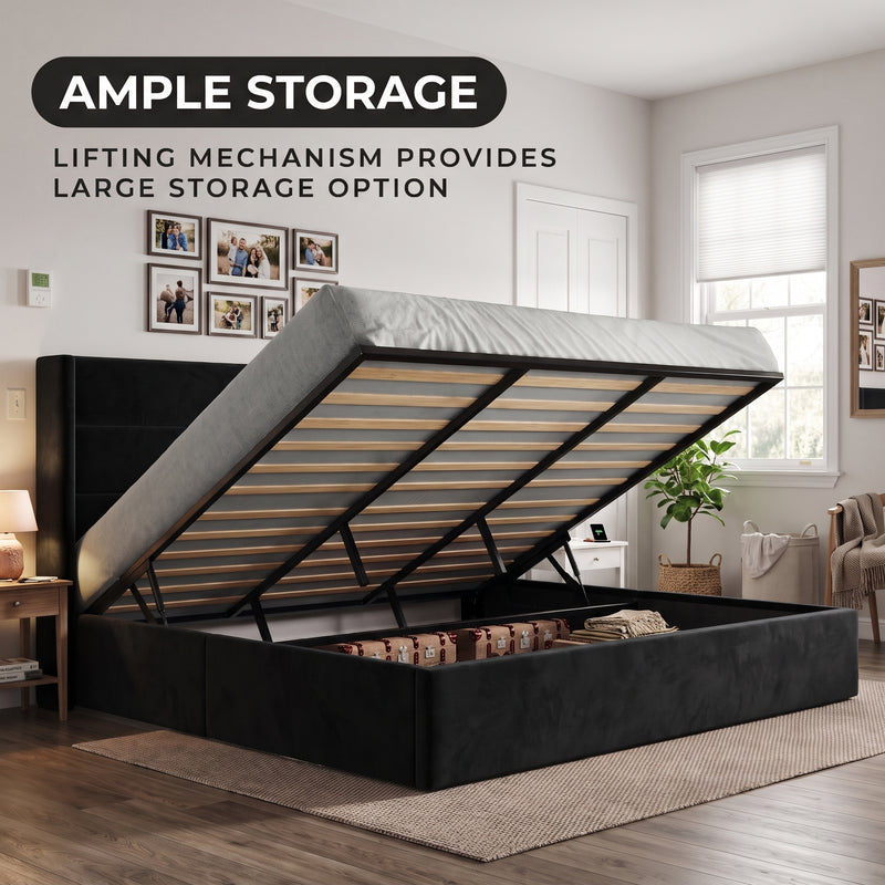Lift-Up Storage Bed Frame with Upholstered Wingback Headboard - 2