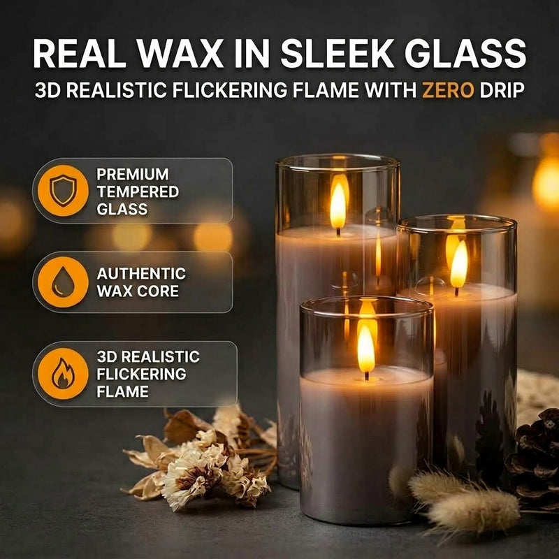 Flameless Candles with Remote & Timer – Glass Pillar Set of 3 - 2