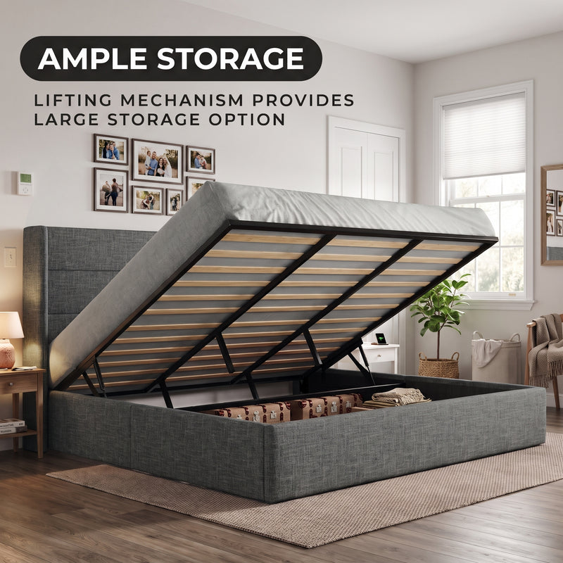 Lift-Up Storage Bed Frame with Upholstered Wingback Headboard - 2