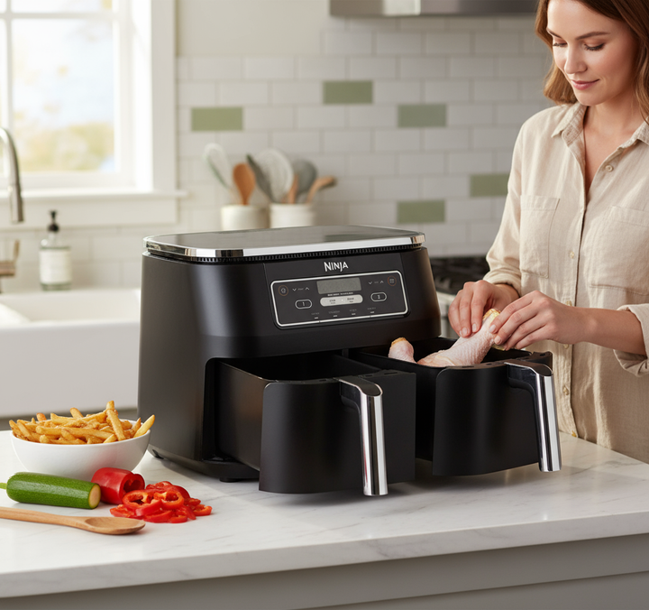 Ninja Foodi 4-in-1 8-Quart 2-Basket Air Fryer with DualZone Technology, Black, Model DZ100