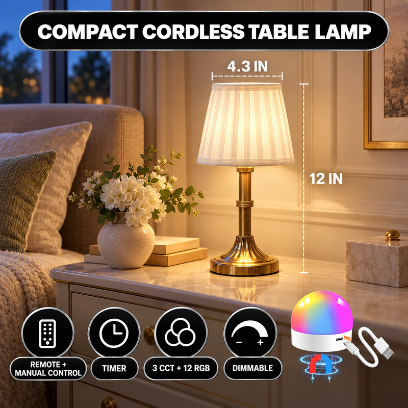 Cordless Table Lamp with Fabric Shade – Rechargeable, Dimmable LED - 2
