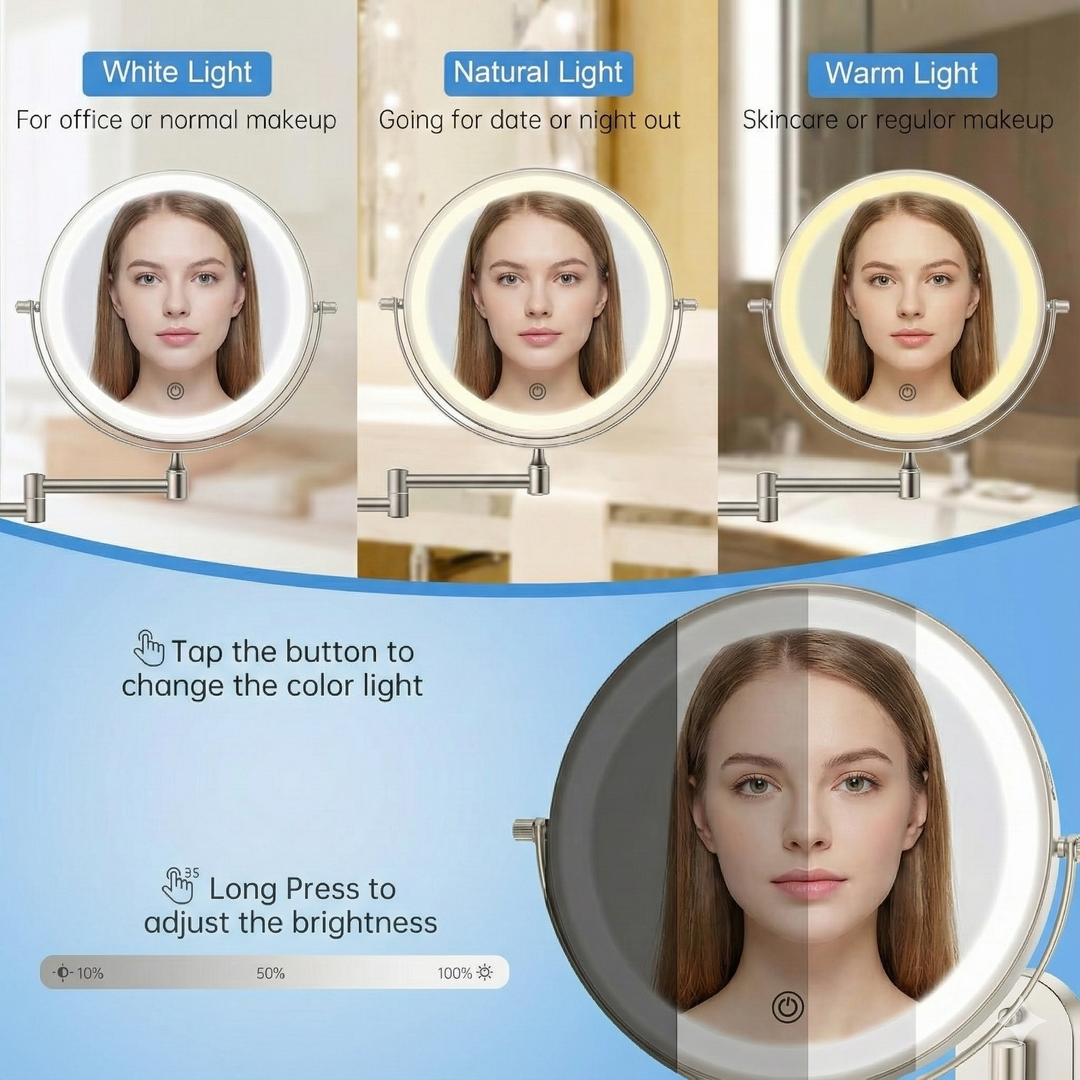 PrecisionGlow LED Wall Mounted Makeup Mirror with 10X Magnification & 360° Swivel | Trufairs