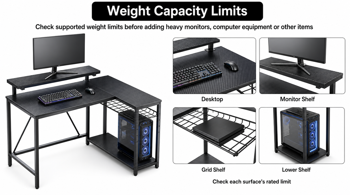 L-Shaped Gaming Desk with LED Lights & Power Outlets -  limitations image 2