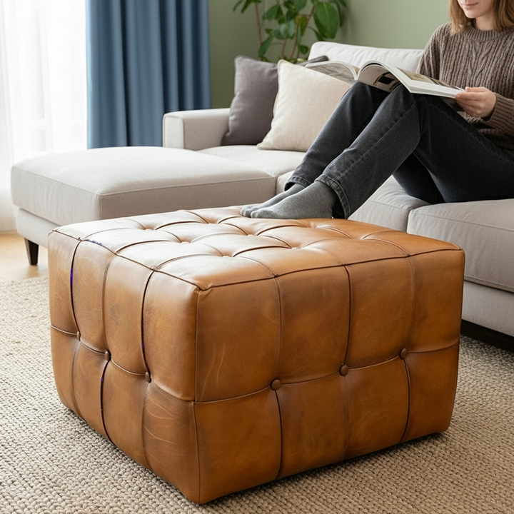 Benjiro Square Tan Leather Ottoman