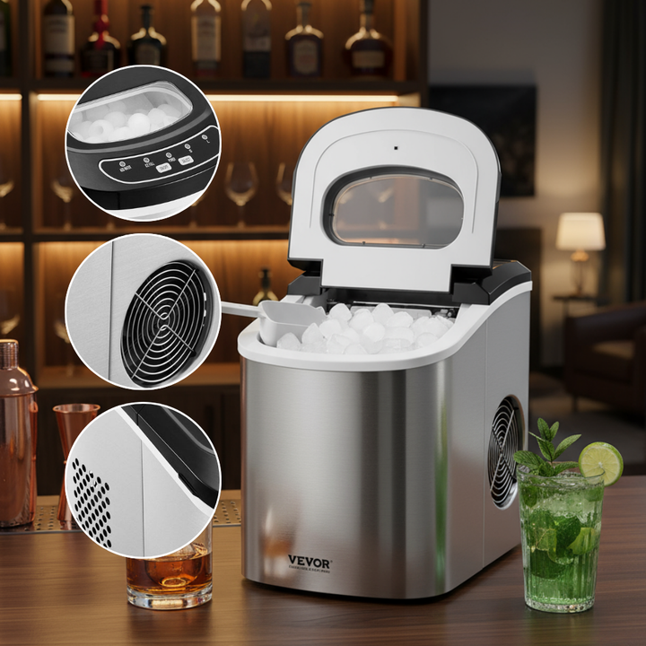 Portable Countertop Ice Maker 33Lbs/24H Self-Cleaning with Scoop Basket Home Bar