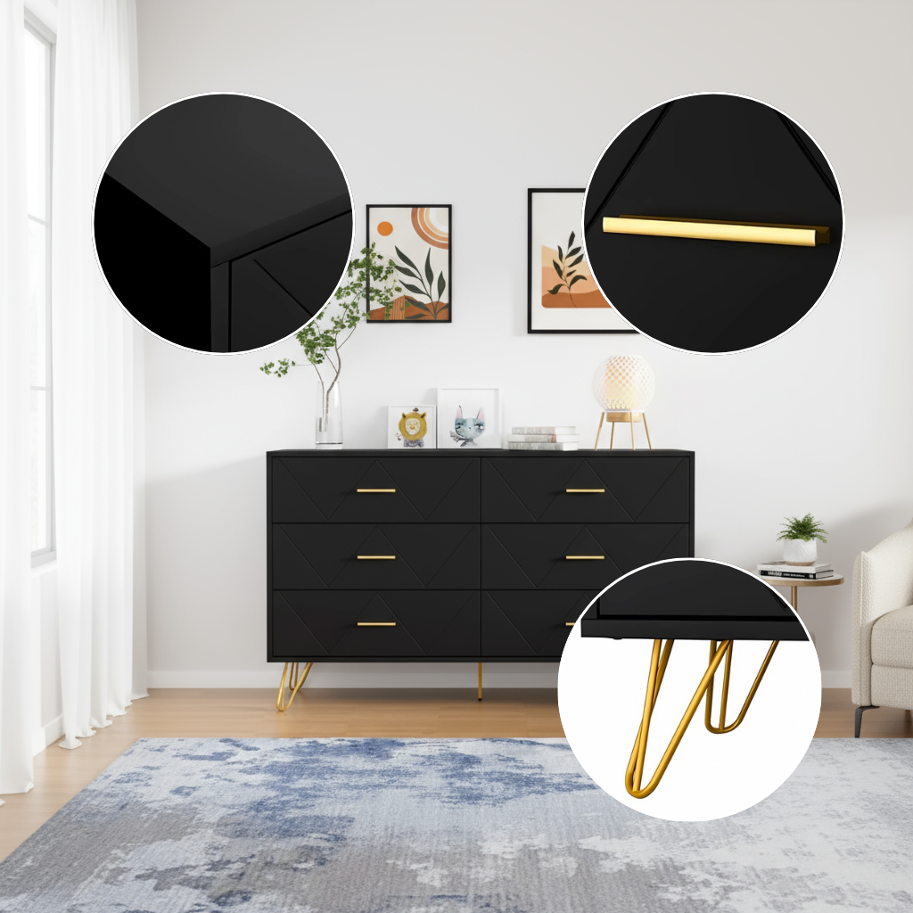 Modern 6-Drawer Dresser with Golden Handles – Elegant Storage Solution for Bedrooms & Living Rooms | Trufairs