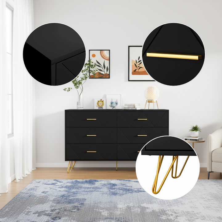 Modern 6-Drawer Dresser with Golden Handles – Elegant Storage Solution for Bedrooms & Living Rooms | Trufairs