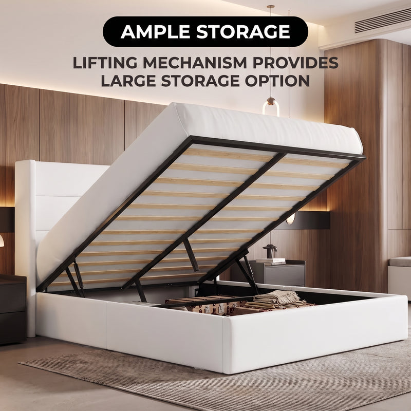 Lift-Up Storage Bed Frame with Upholstered Wingback Headboard - 2