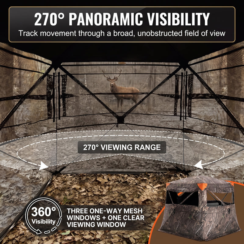 Silent Pop Up Hunting Blind with 270° See Through View – Waterproof Camo Ground Blind Tent for Turkey and Deer Hunting, 1-7 Person Capacity - 2