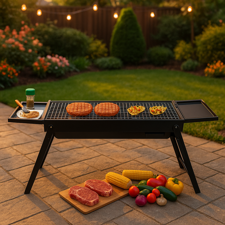Premium Foldable Charcoal BBQ Grill with Integrated Side Shelf and Tool-Free Setup