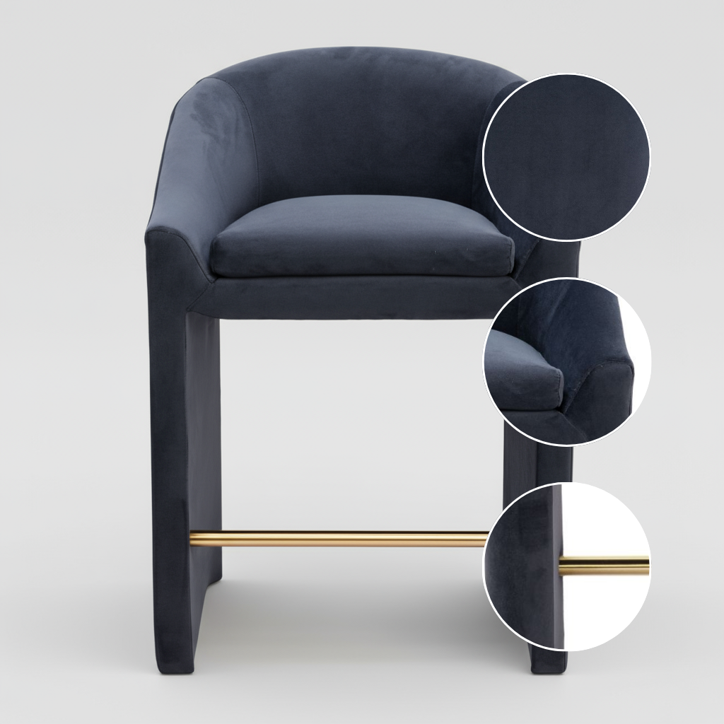 Emas Counter Stool – Midnight Gray Velvet with Built-in Footrest | Modern Counter Height Seating | Trufairs