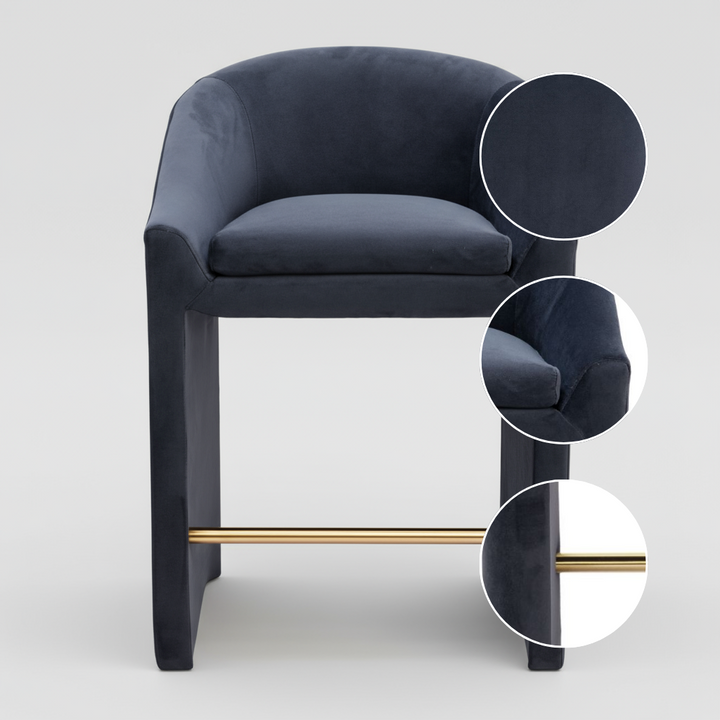 Emas Counter Stool – Midnight Gray Velvet with Built-in Footrest | Modern Counter Height Seating | Trufairs