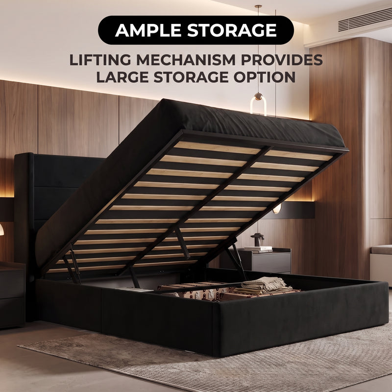 Lift-Up Storage Bed Frame with Upholstered Wingback Headboard - 2