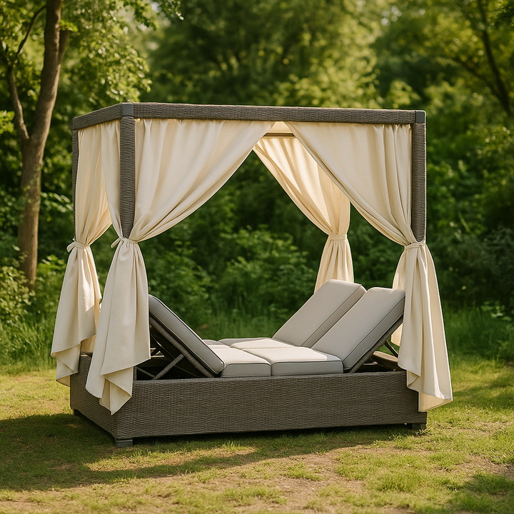 Dual Adjustable Patio Sunbed - Renava Marin Brown Rattan Daybed with Off-White Canopy, Beige Cushions & Weather-Resistant Construction
