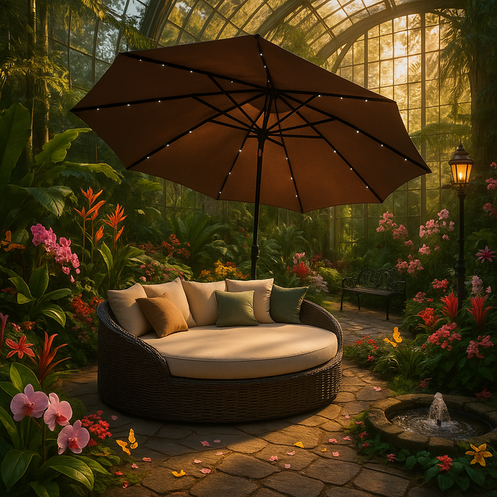 Premium 106" Tan Solar-Powered Market Patio Umbrella with LED Lights and Concrete Base