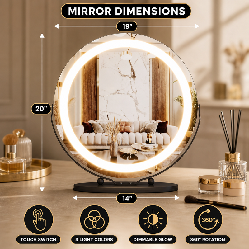 LED Vanity Mirror with Halo Lights – Dimmable, Touch Control, 360° Rotation - 2
