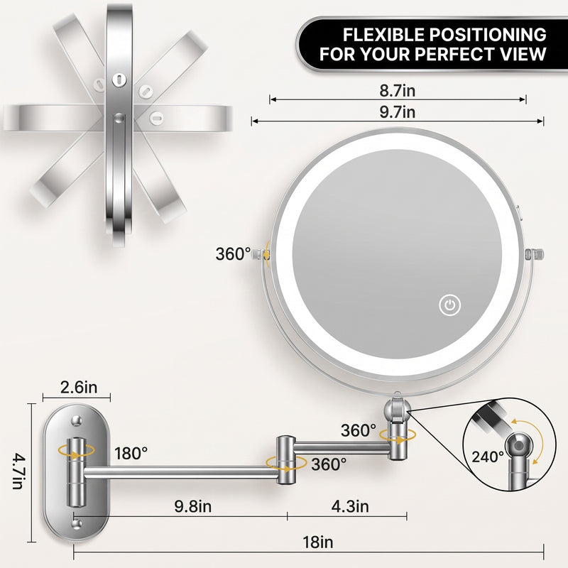 Rechargeable Wall Mounted Makeup Mirror with LED Light – Adjustable Brightness, Magnifying - 2
