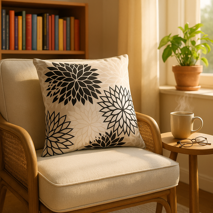 Premium 20" Black Gray and White Handmade Floral Indoor Outdoor Throw Pillow - Reversible Contemporary Design with Weather-Resistant Polyester