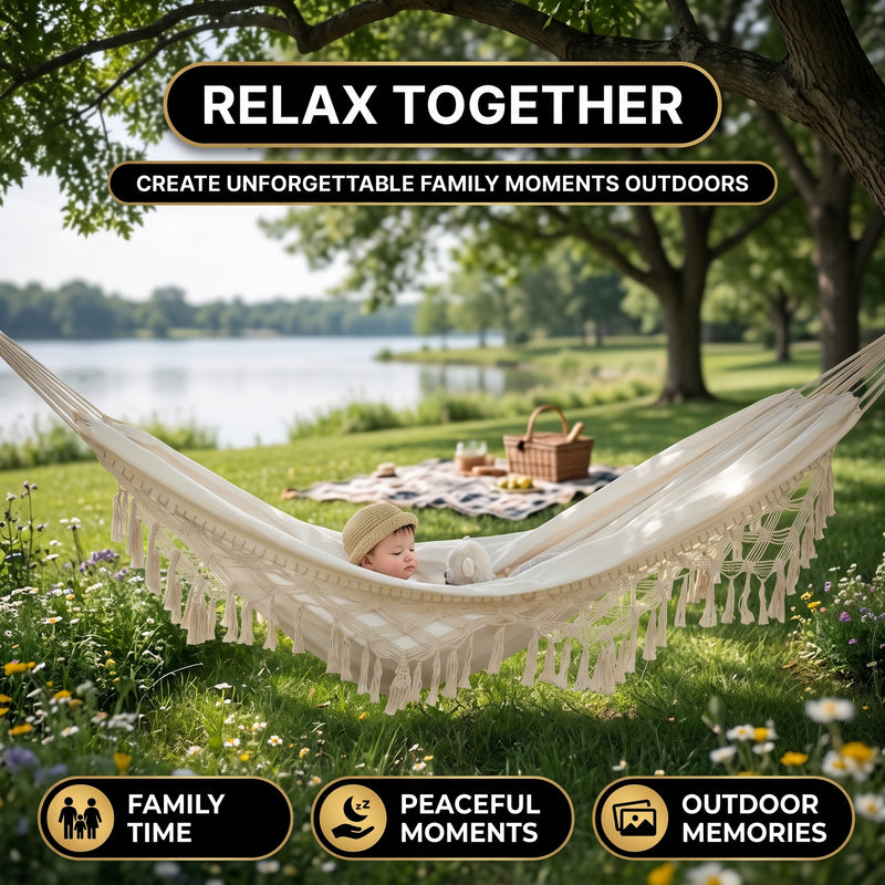 Boho Macrame Double Hammock Swing with Tassels – 2 Person Hanging Chair for Indoor & Outdoor Relaxation - 2
