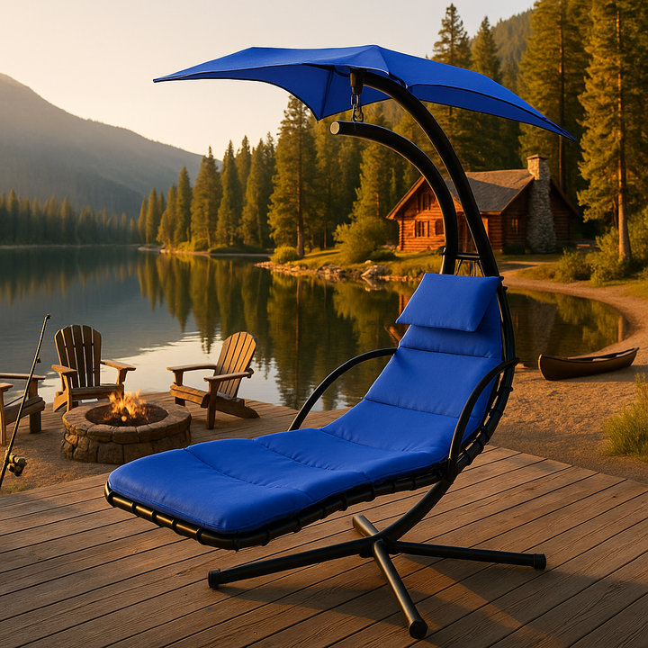 Navy Blue Outdoor Swing Chair - Hanging Chaise Lounger with Removable Shade Canopy & Comfort Pillow for Patio