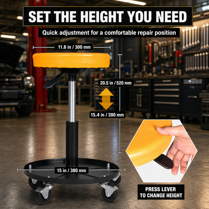 Pneumatic Rolling Mechanic Stool with Wheels – Adjustable Height Shop Stool with Tool Tray, 360° Swivel Seat for Garage & Workshop - 2