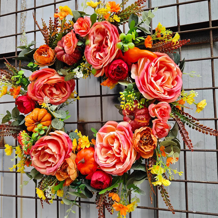 Autumn Peony Pumpkin Harvest Wreath – Artificial Fall Door Decor | Maple Leaf & Berry Wreath | Trufairs