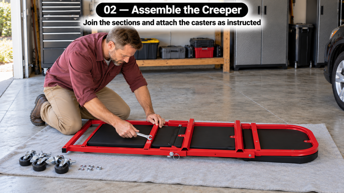 2-in-1 Mechanic Creeper Seat - Folding Z-Creeper, 300-450 lbs - assembly and setup image 2