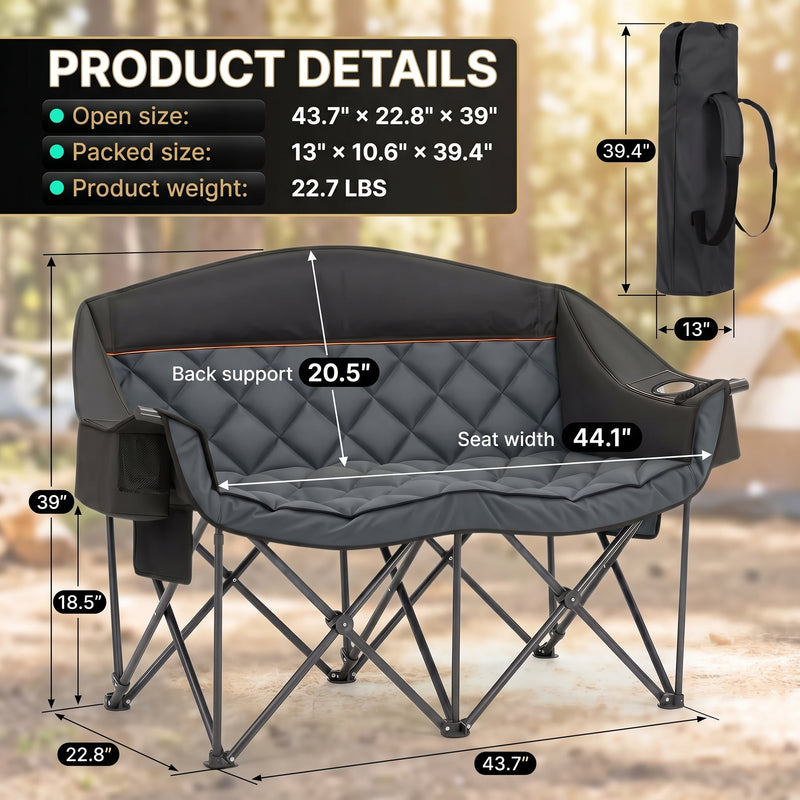 Oversized Padded 2-Person Folding Camping Loveseat Chair – Heavy Duty Outdoor Seating - 2