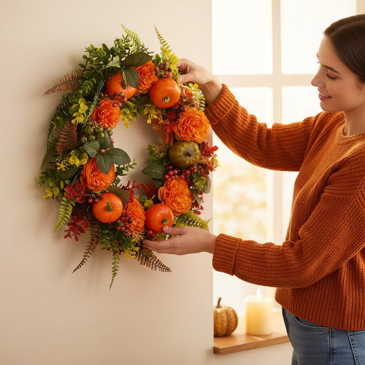 17.71″ Autumn Wreath with Pumpkin & Berries – Fall Door Decor | Trufairs
