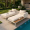 TOPMAX Modern Outdoor Daybed - Premium 2-in-1 Patio Metal Daybed with Acacia Wood Side Tables, Padded Chaise Lounges & Beige Cushions for Poolside, Balcony & Deck