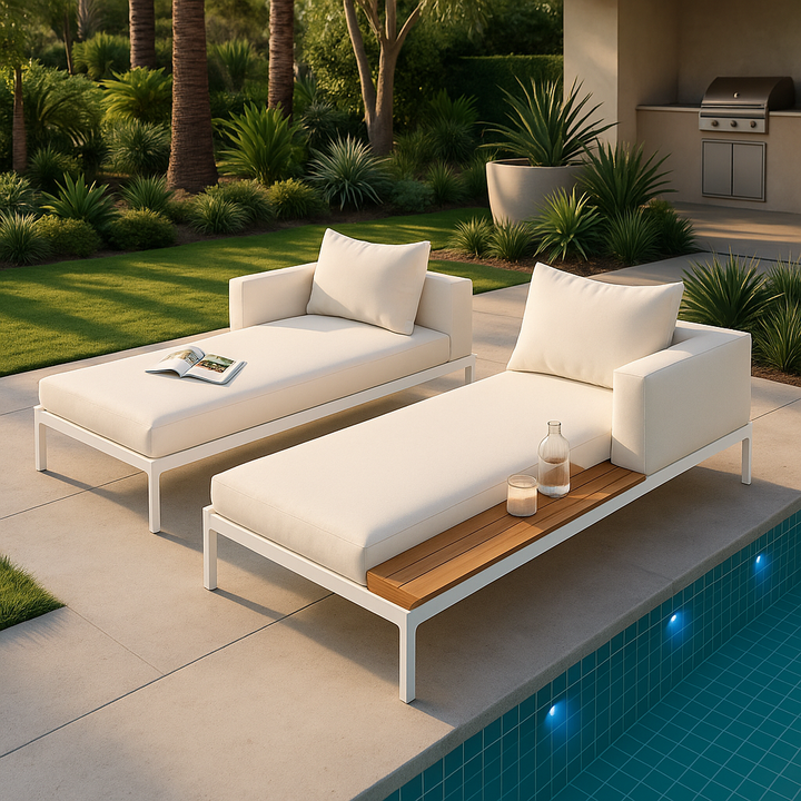 TOPMAX Modern Outdoor Daybed - Premium 2-in-1 Patio Metal Daybed with Acacia Wood Side Tables, Padded Chaise Lounges & Beige Cushions for Poolside, Balcony & Deck