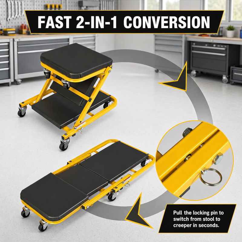 2-in-1 Convertible Z-Creeper Seat - Rolling Mechanic Creeper with Wheels, Under Dash Creeper & Garage Chair for Auto Repair, Low Profile Roller Seat - 2