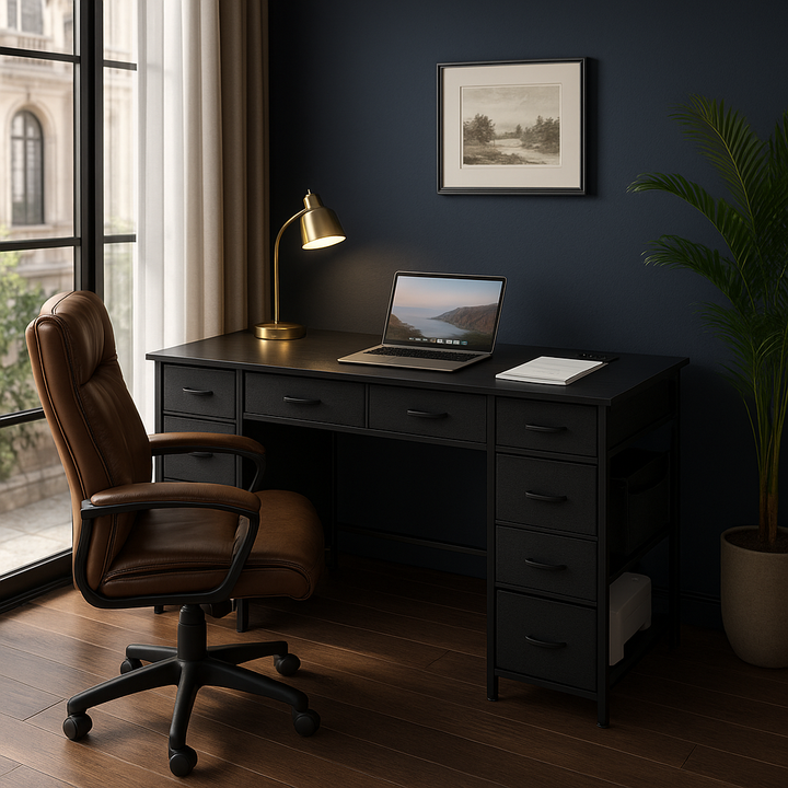 PowerStation Pro 47" Computer Desk with 7 Drawers & Smart Power Hub – Black Gaming Workstation