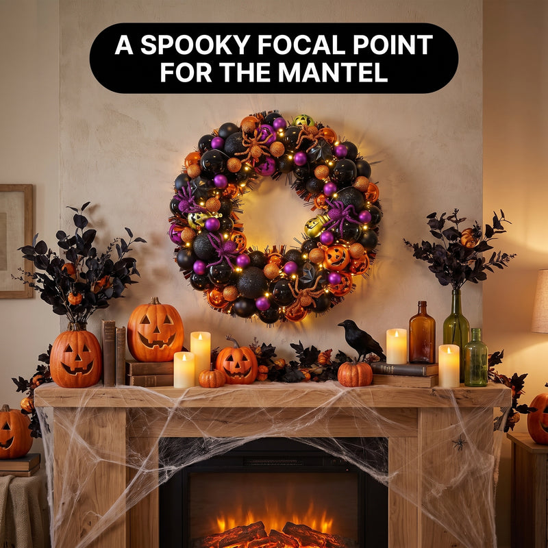 HALLOWEEN WREATH WITH LIGHTS FOR FRONT DOOR – PRE-LIT PUMPKIN, WITCH & GOTHIC PORCH DÉCOR - 2