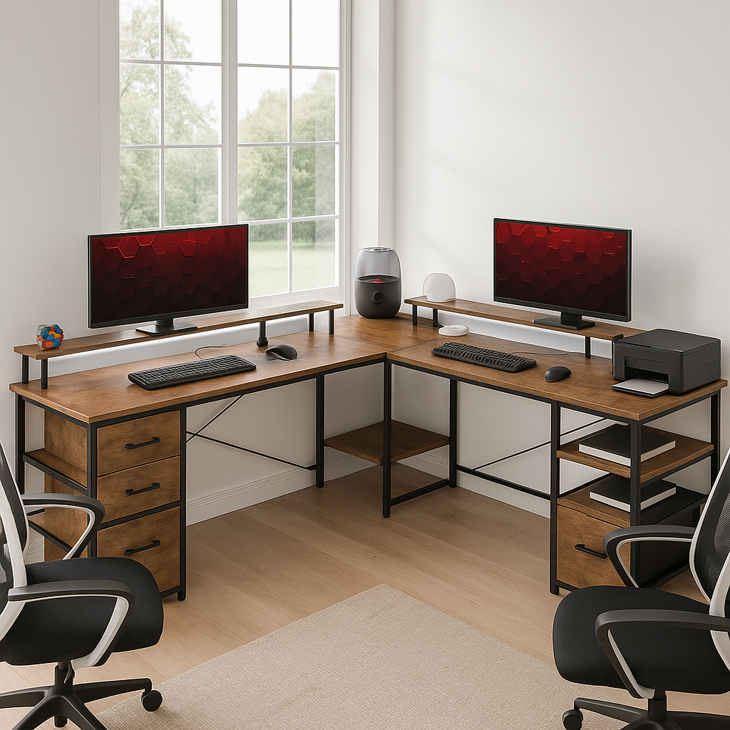 HOMCOM TechStation Pro 66" Reversible L-Shaped Computer Desk with Smart Power Hub & RGB LED Lighting – Rustic Brown