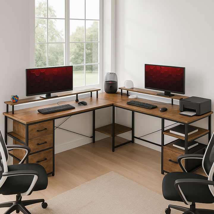 HOMCOM TechStation Pro 66" Reversible L-Shaped Computer Desk with Smart Power Hub & RGB LED Lighting – Rustic Brown