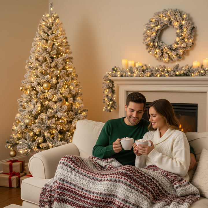6FT Snow Flocked Christmas Tree Pre Lit Set With Tree Garland Wreath,Artificial Hinged Xmas Tree With Colorful LED Lights8 Lighting Modes, Pine Cones