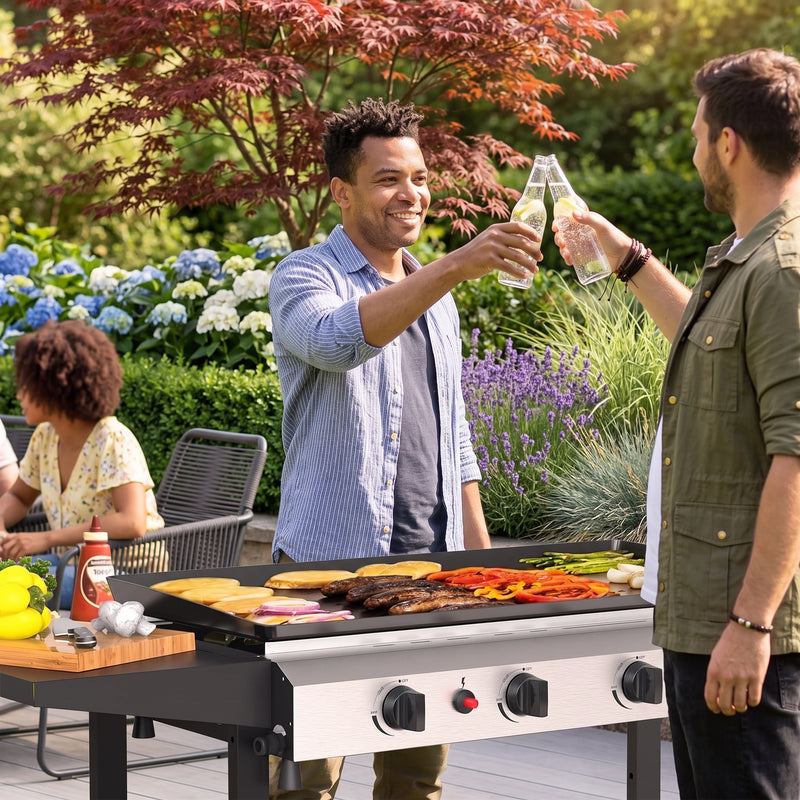 2 & 3 BURNER PORTABLE PROPANE FLAT TOP GRIDDLE – 20,000–45,000 BTU OUTDOOR GRIDDLE WITH SIDE SHELVES & CART - 2