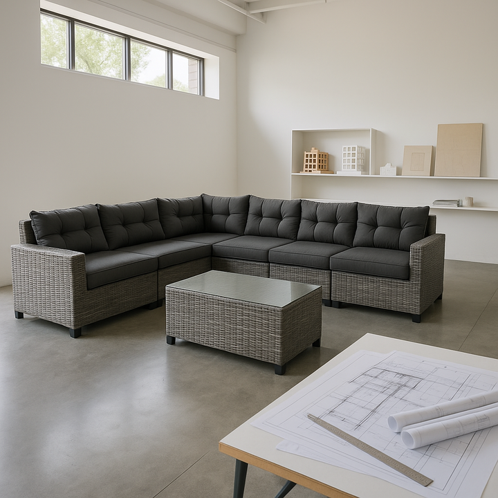 GO 8-Piece Outdoor Wicker Round Sofa Set – All-Weather Half-Moon Sectional with Rectangular Coffee Table & Movable Cushions, Gray
