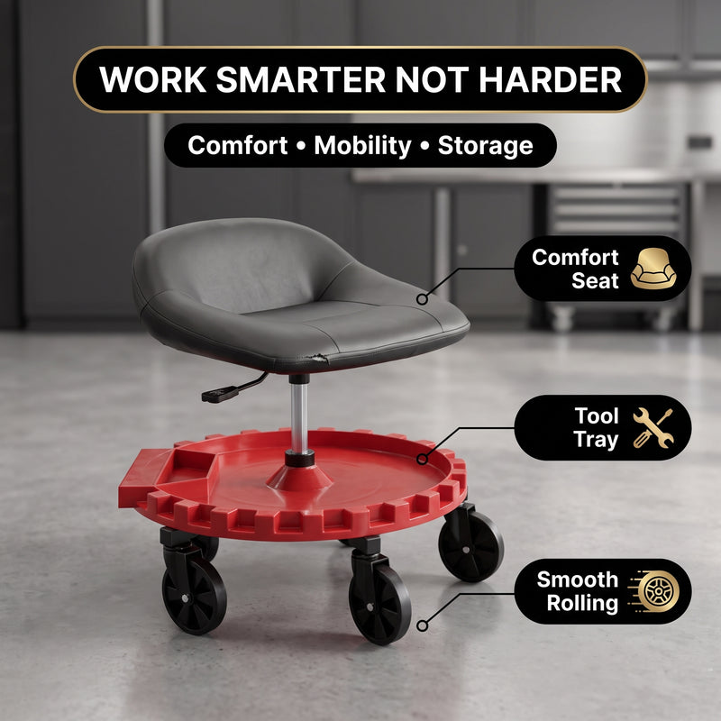 Rolling Mechanic Stool – Adjustable Workshop Seat with Tool Tray & Casters - 2
