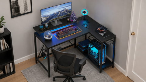 L-Shaped Gaming Desk with LED Lights & Power Outlets fit and scale thumbnail 2